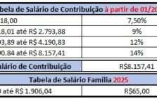 Tabela de INSS, Salário Família e Teto do Salário de Contribuição 2025